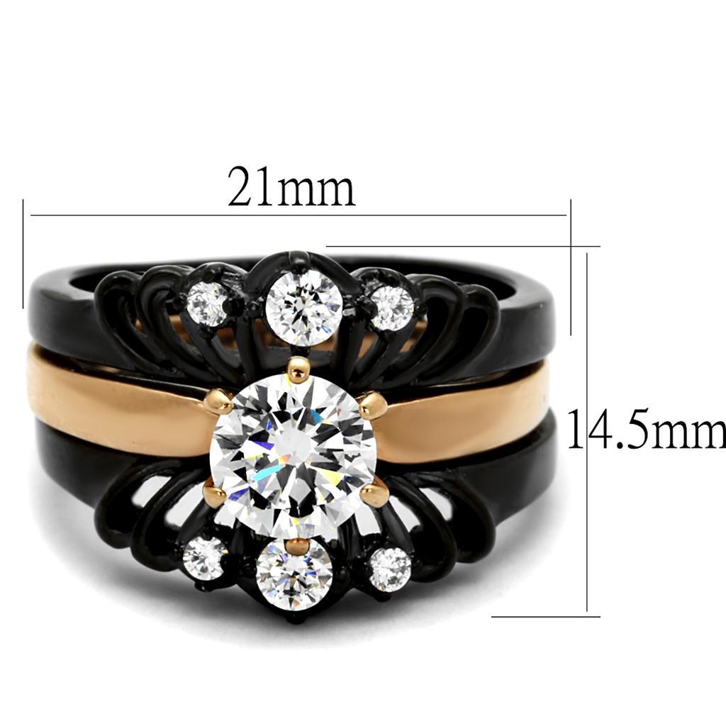TK2189 - IP Rose Gold+ IP Black (Ion Plating) Stainless Steel Ring with AAA Grade CZ  in Clear - Joyeria Lady
