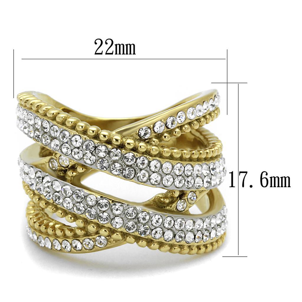 TK2252 - Two-Tone IP Gold (Ion Plating) Stainless Steel Ring with Top Grade Crystal  in Clear - Joyeria Lady