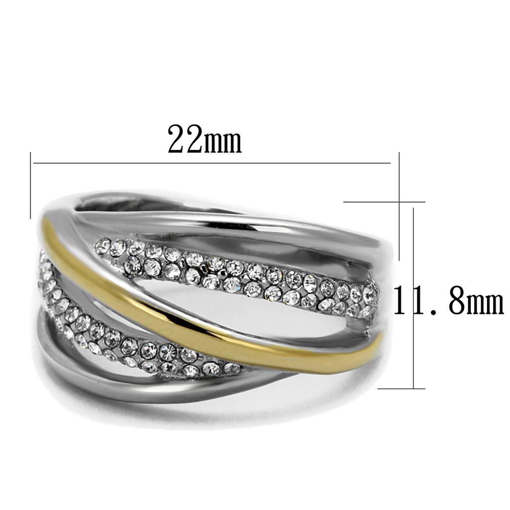 TK2263 - Two-Tone IP Gold (Ion Plating) Stainless Steel Ring with Top Grade Crystal  in Clear - Joyeria Lady