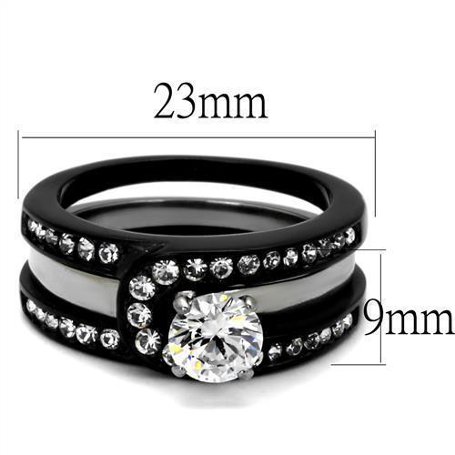 TK2303 - Two-Tone IP Black (Ion Plating) Stainless Steel Ring with AAA Grade CZ  in Clear - Joyeria Lady