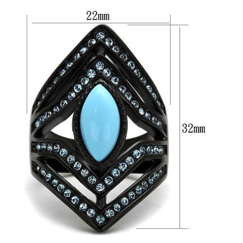 TK2482 - IP Black(Ion Plating) Stainless Steel Ring with Synthetic Turquoise in Sea Blue - Joyeria Lady