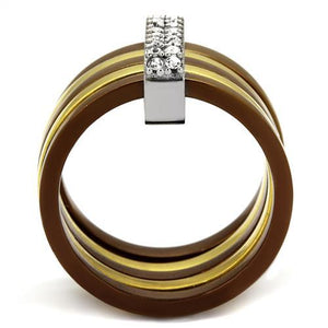 TK2601 - Three Tone IPï¼ˆIP Gold & IP Light coffee & High Polished) Stainless Steel Ring with Top Grade Crystal  in Clear