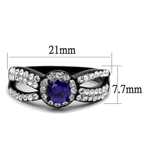 TK2653 - Two-Tone IP Black (Ion Plating) Stainless Steel Ring with AAA Grade CZ  in Tanzanite - Joyeria Lady