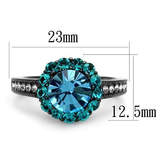 TK2716 - IP Light Black  (IP Gun) Stainless Steel Ring with Top Grade Crystal  in Sea Blue - Joyeria Lady