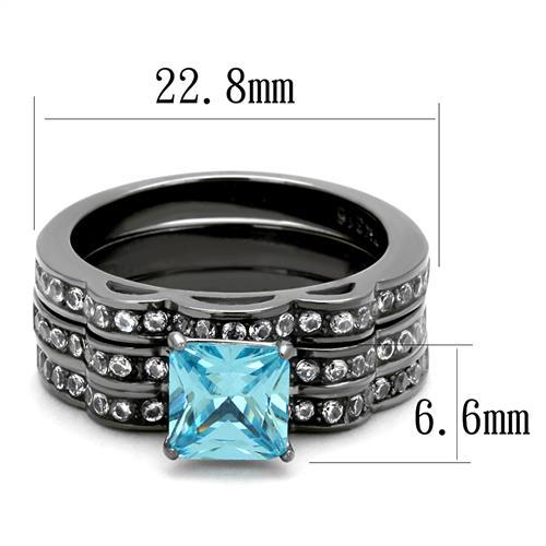 TK2748 - IP Light Black  (IP Gun) Stainless Steel Ring with AAA Grade CZ  in Sea Blue - Joyeria Lady