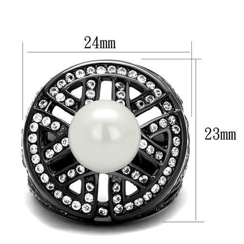 TK2771 - IP Light Black  (IP Gun) Stainless Steel Ring with Synthetic Pearl in White - Joyeria Lady