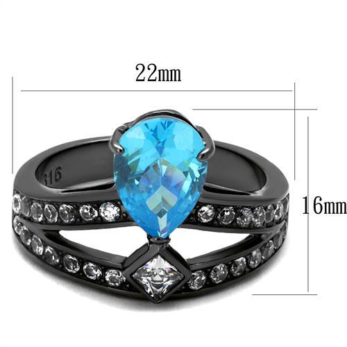 TK2775 - IP Light Black  (IP Gun) Stainless Steel Ring with AAA Grade CZ  in Sea Blue - Joyeria Lady