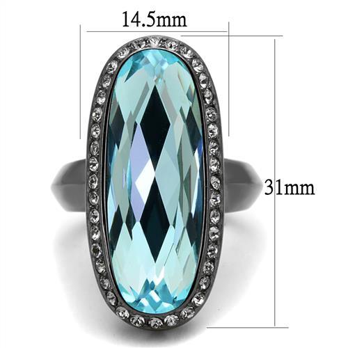 TK2804 - IP Light Black  (IP Gun) Stainless Steel Ring with Top Grade Crystal  in Sea Blue - Joyeria Lady