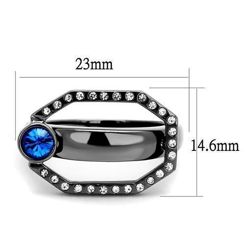 TK2809 - IP Light Black  (IP Gun) Stainless Steel Ring with Top Grade Crystal  in Capri Blue - Joyeria Lady