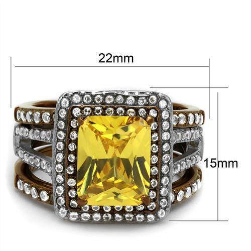 TK2962 - Two Tone IP Light Brown (IP Light coffee) Stainless Steel Ring with AAA Grade CZ  in Topaz - Joyeria Lady