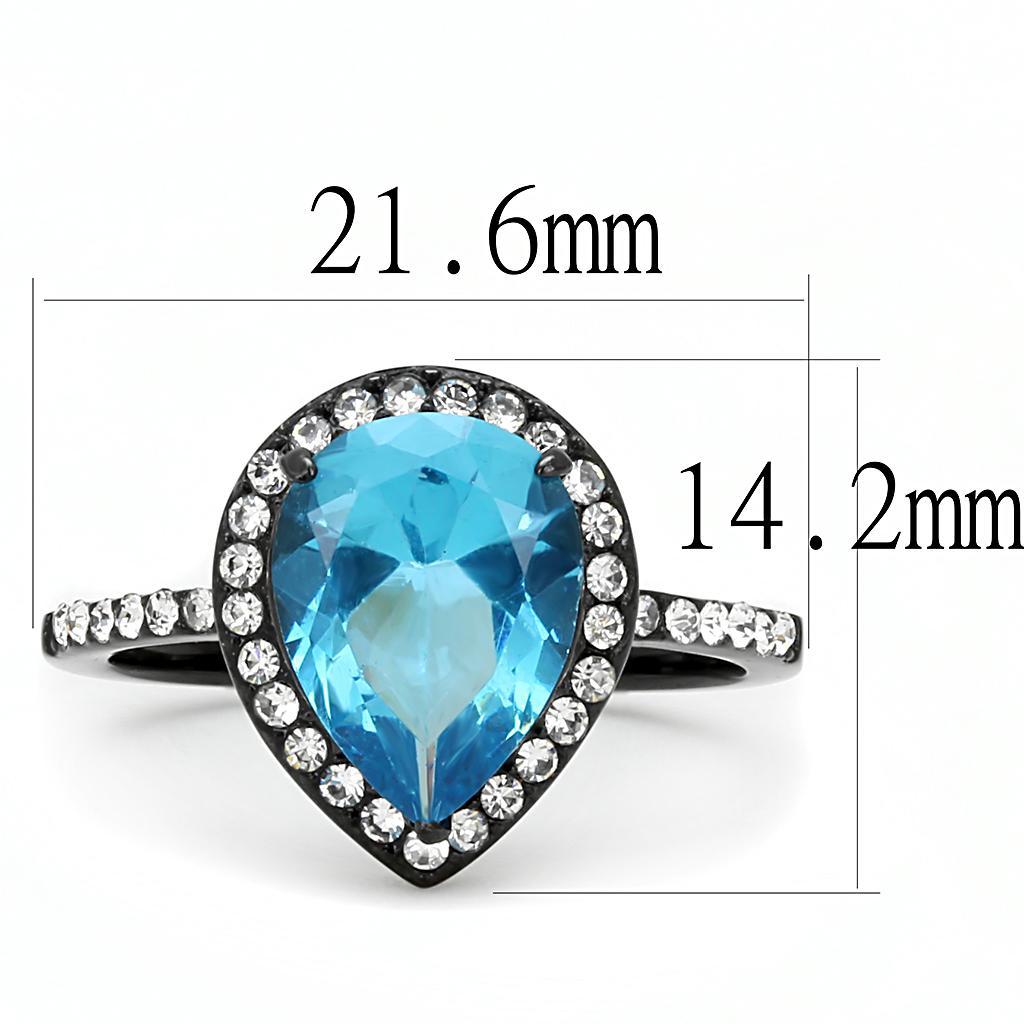 TK3057 - IP Black(Ion Plating) Stainless Steel Ring with Synthetic Synthetic Glass in Sea Blue - Joyeria Lady