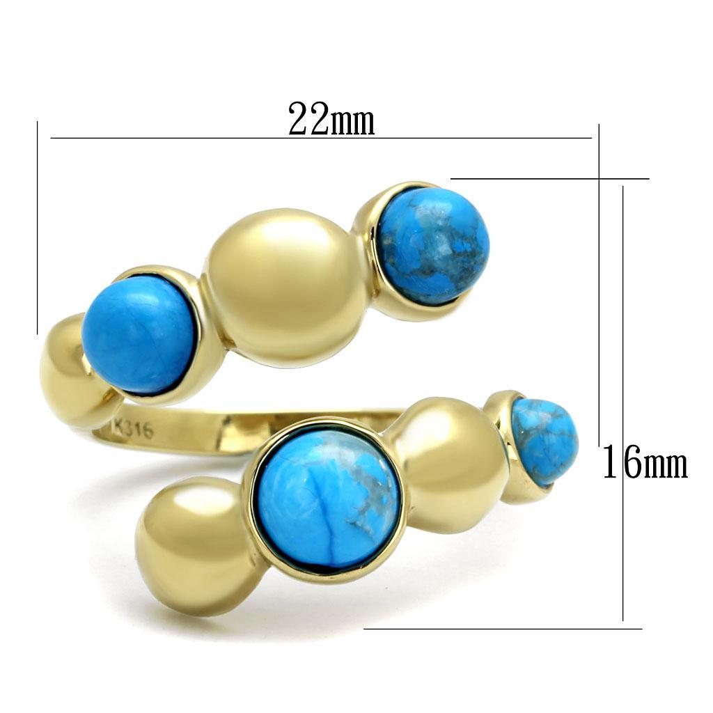 TK3091 - IP Gold(Ion Plating) Stainless Steel Ring with Semi-Precious Turquoise in Sea Blue - Joyeria Lady