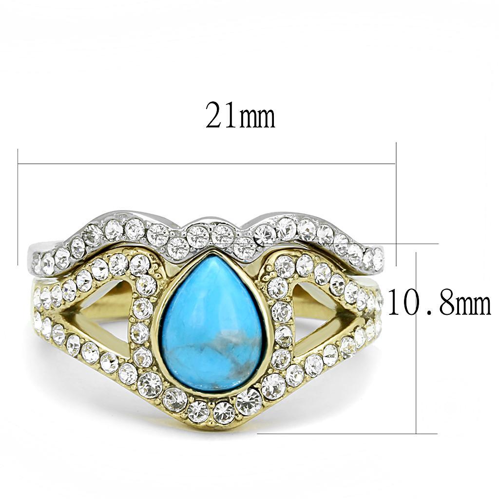 TK3124 - Two-Tone IP Gold (Ion Plating) Stainless Steel Ring with Synthetic Turquoise in Turquoise - Joyeria Lady