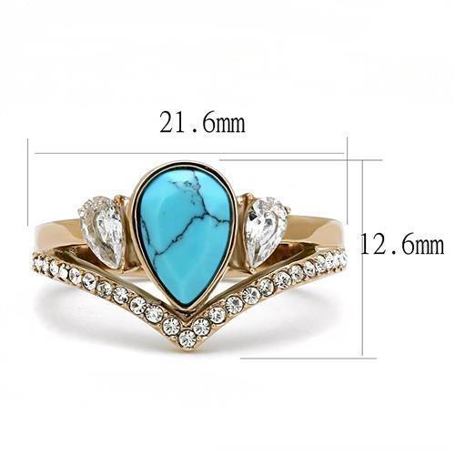 TK3200 - IP Rose Gold(Ion Plating) Stainless Steel Ring with Synthetic Turquoise in Sea Blue - Joyeria Lady