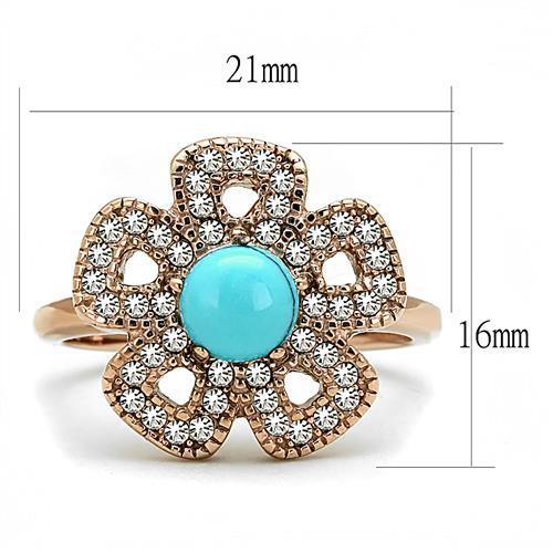 TK3201 - IP Rose Gold(Ion Plating) Stainless Steel Ring with Synthetic Turquoise in Sea Blue - Joyeria Lady