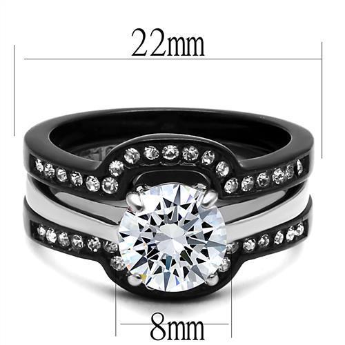 TK3214 - Two-Tone IP Black (Ion Plating) Stainless Steel Ring with AAA Grade CZ  in Clear - Joyeria Lady