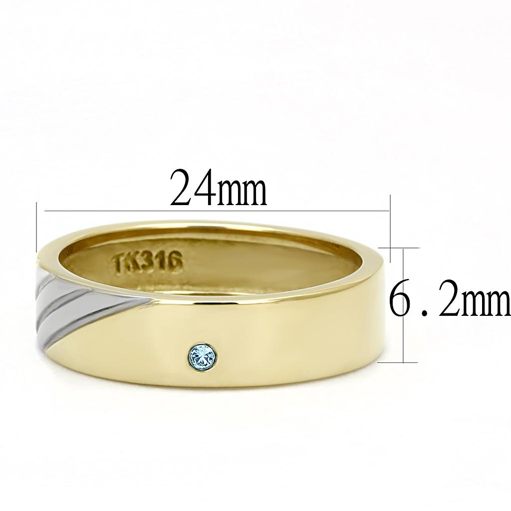 TK3267 Two-Tone IP Gold (Ion Plating) Stainless Steel Ring with Top Grade Crystal in Sea Blue - Joyeria Lady