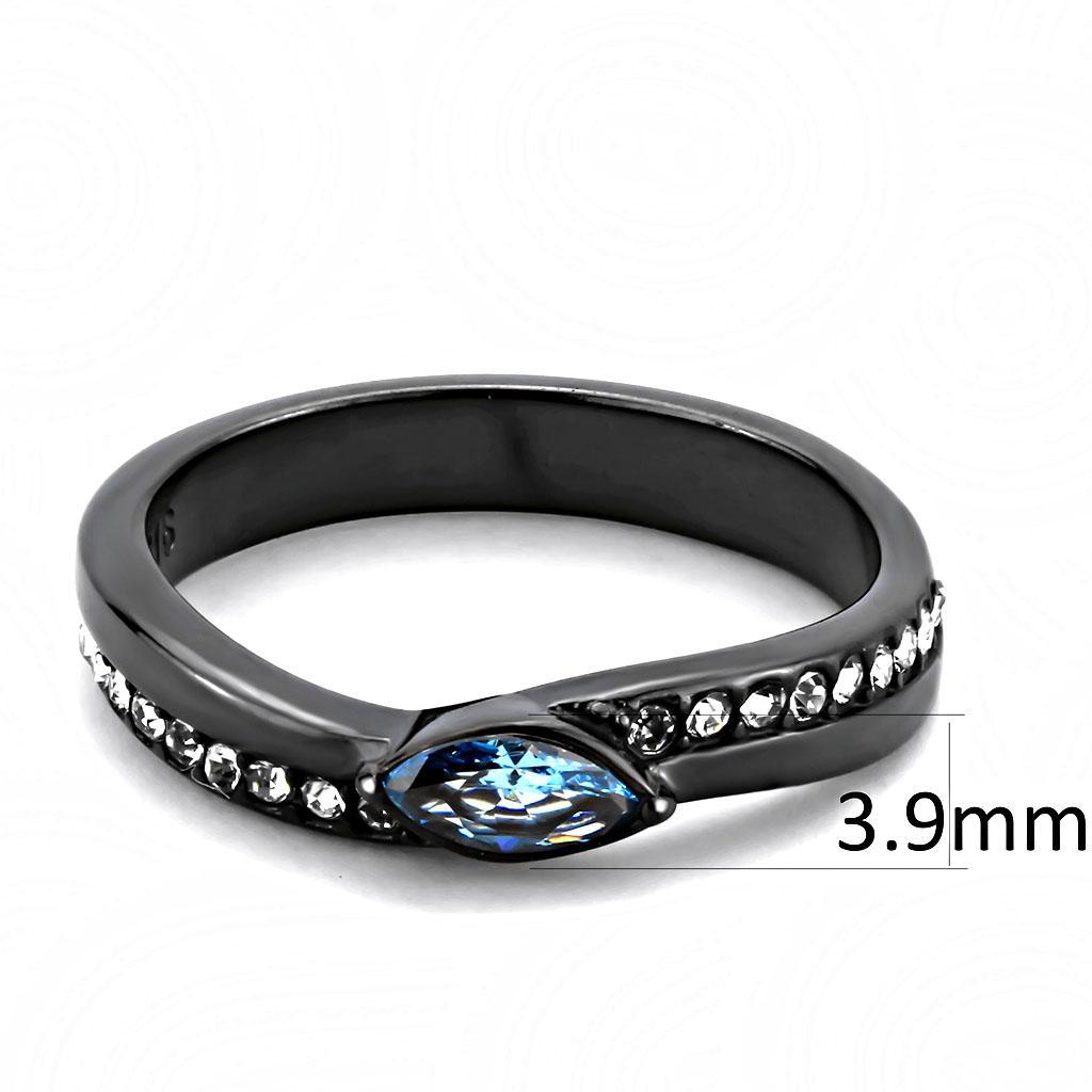 TK3511 - IP Light Black  (IP Gun) Stainless Steel Ring with AAA Grade CZ  in Sea Blue - Joyeria Lady