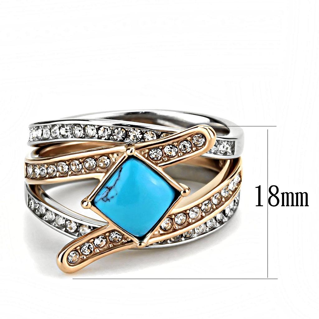 TK3519 - Two-Tone IP Rose Gold Stainless Steel Ring with Synthetic Turquoise in Sea Blue - Joyeria Lady
