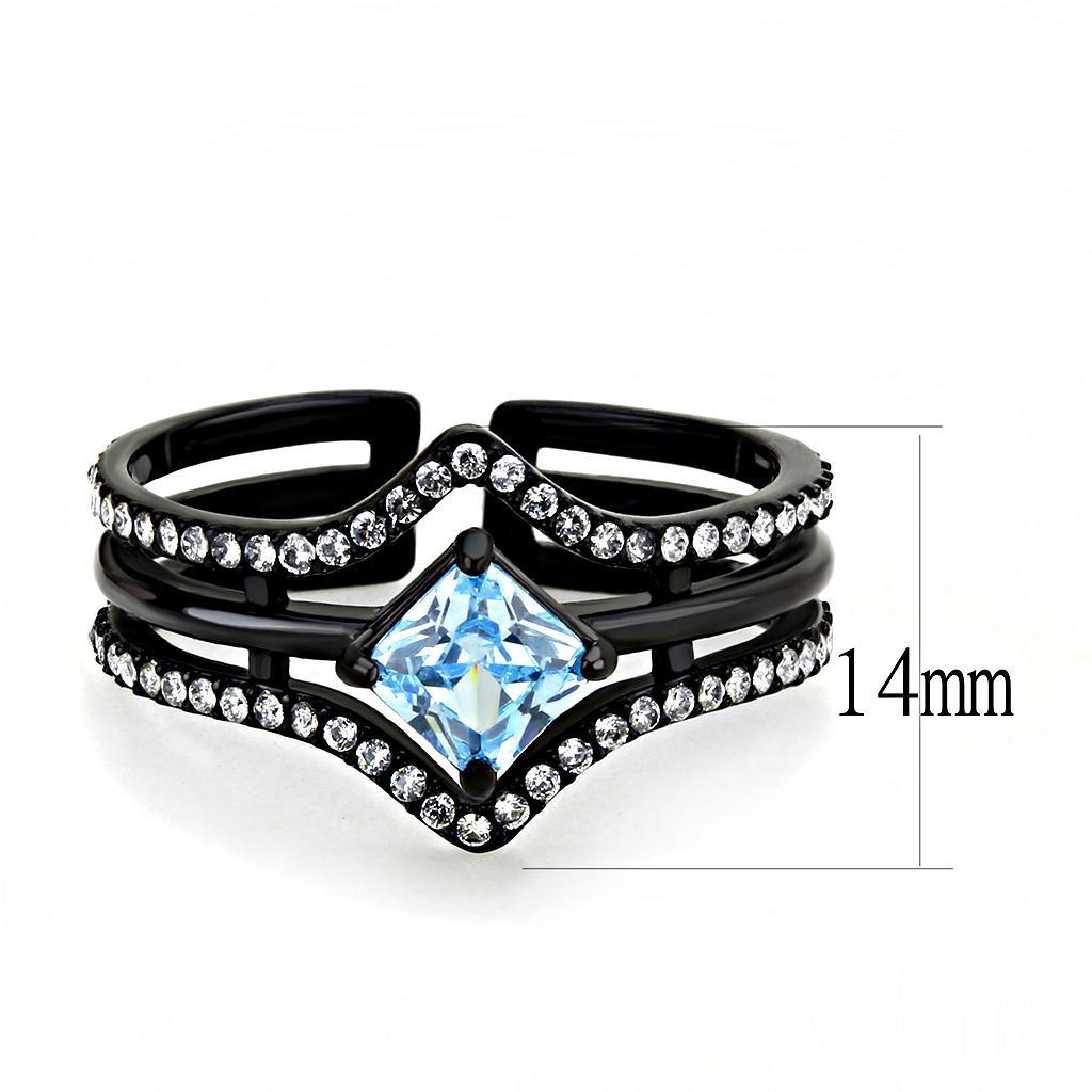 TK3562 - IP Black(Ion Plating) Stainless Steel Ring with AAA Grade CZ  in Sea Blue - Joyeria Lady