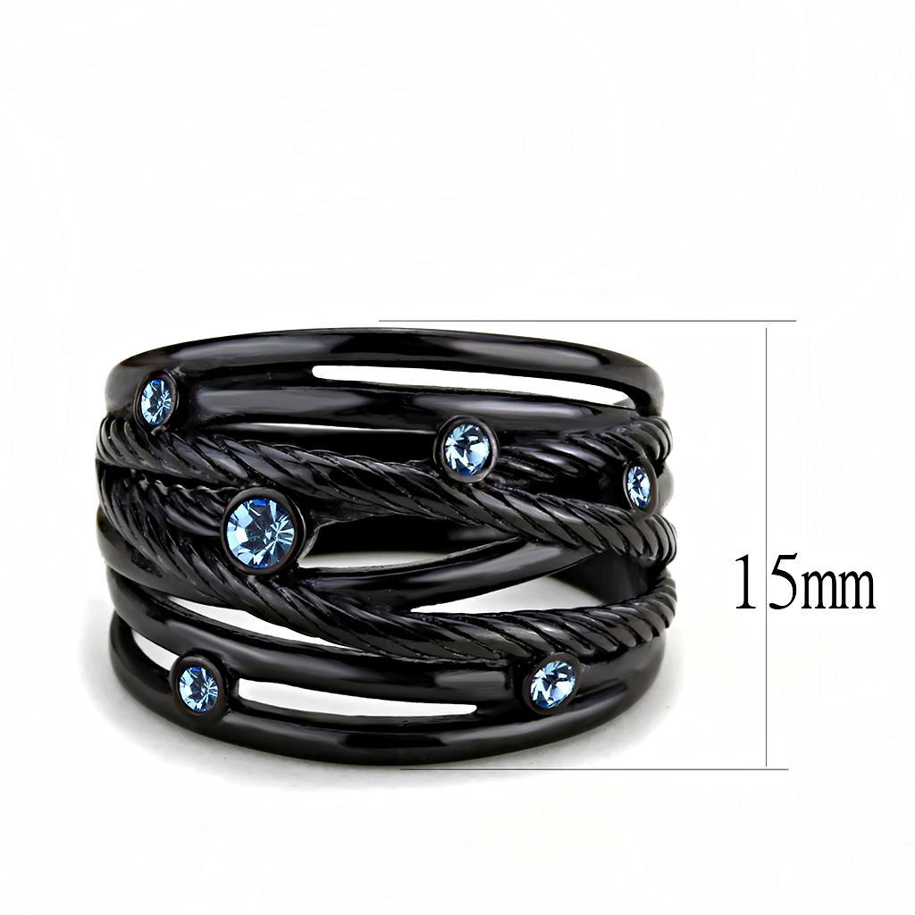 TK3564 - IP Black(Ion Plating) Stainless Steel Ring with Top Grade Crystal  in Sea Blue - Joyeria Lady