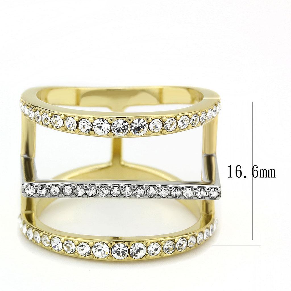 TK3593 - Two-Tone IP Gold (Ion Plating) Stainless Steel Ring with Top Grade Crystal  in Clear - Joyeria Lady