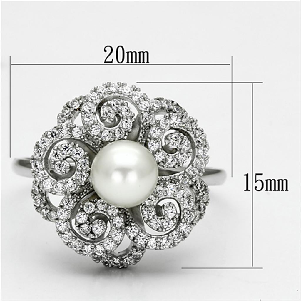 TS070 - Rhodium 925 Sterling Silver Ring with Synthetic Pearl in White - Joyeria Lady