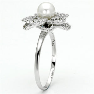 TS070 - Rhodium 925 Sterling Silver Ring with Synthetic Pearl in White