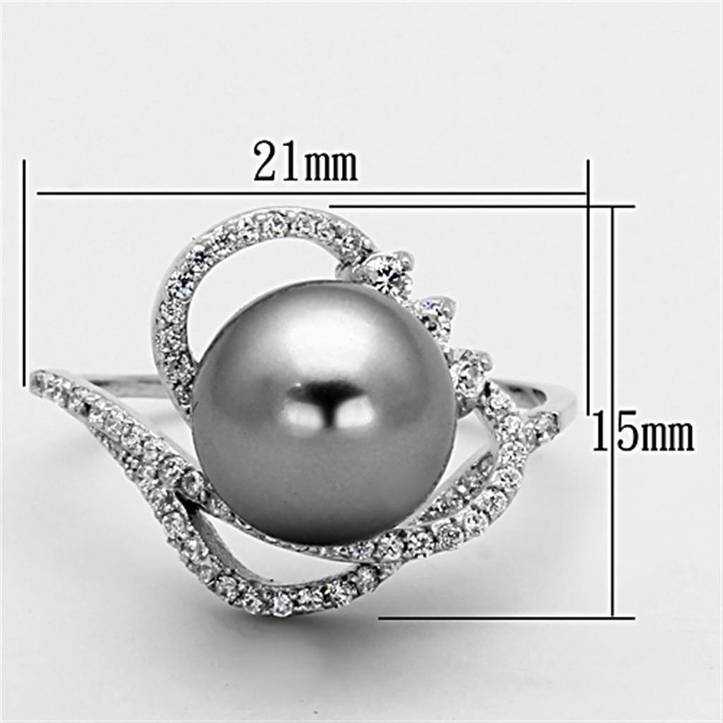 TS153 - Rhodium 925 Sterling Silver Ring with Synthetic Pearl in Gray - Joyeria Lady