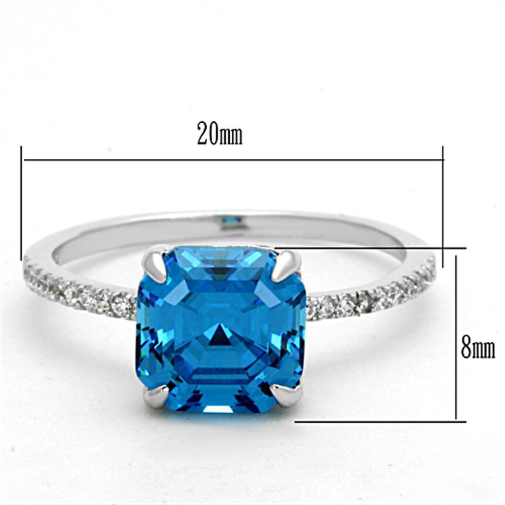 TS178 - Rhodium 925 Sterling Silver Ring with Cubic  in Sea Blue - Joyeria Lady
