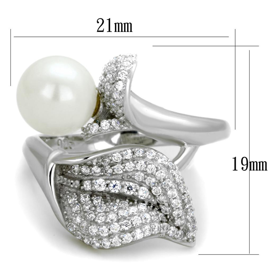 TS329 - Rhodium 925 Sterling Silver Ring with Synthetic Pearl in White - Joyeria Lady
