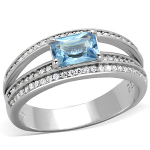 TS344 - Rhodium 925 Sterling Silver Ring with Synthetic Synthetic Glass in Sea Blue