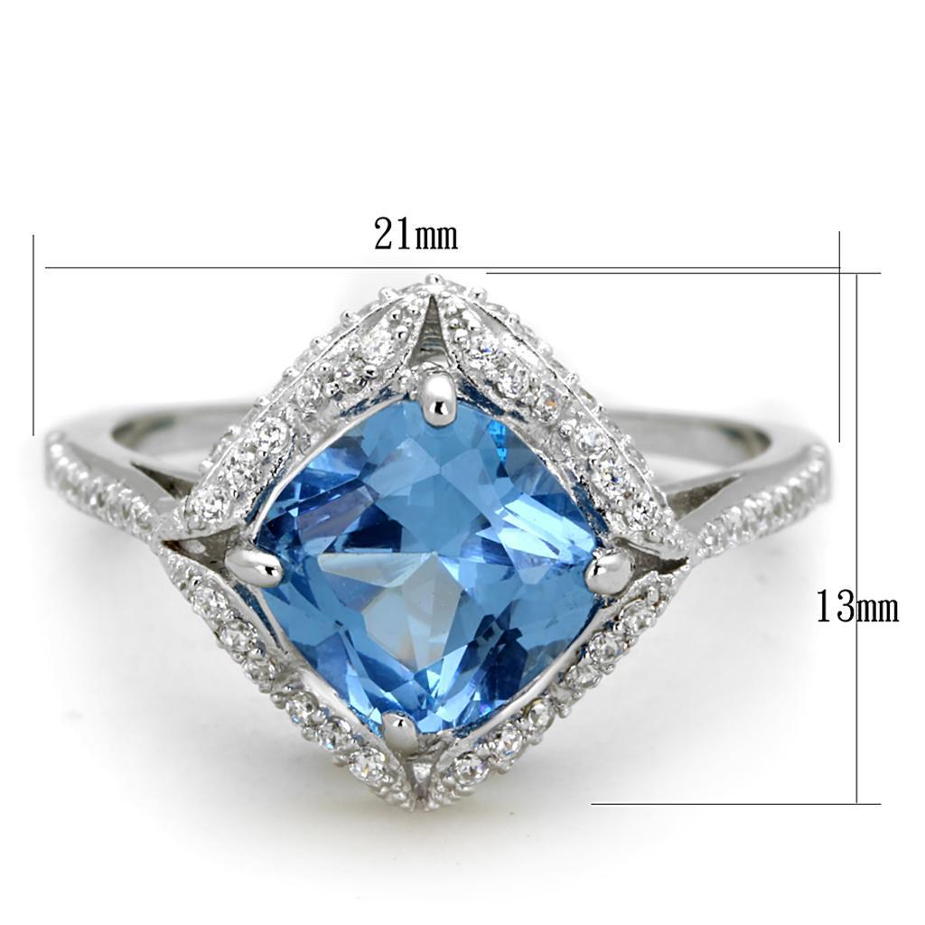 TS419 - Rhodium 925 Sterling Silver Ring with Synthetic Spinel in Sea Blue - Joyeria Lady