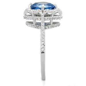 TS419 - Rhodium 925 Sterling Silver Ring with Synthetic Spinel in Sea Blue