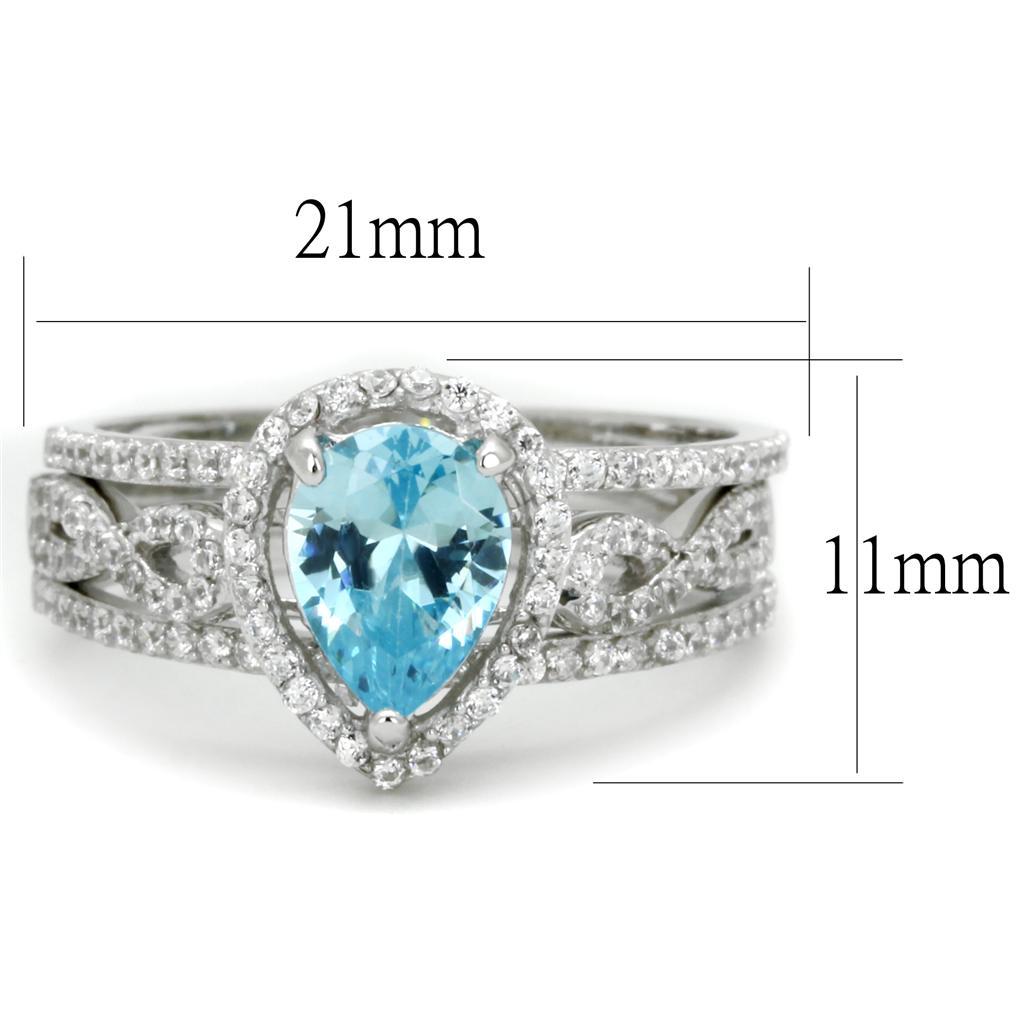 TS453 - Rhodium 925 Sterling Silver Ring with AAA Grade CZ  in Sea Blue - Joyeria Lady