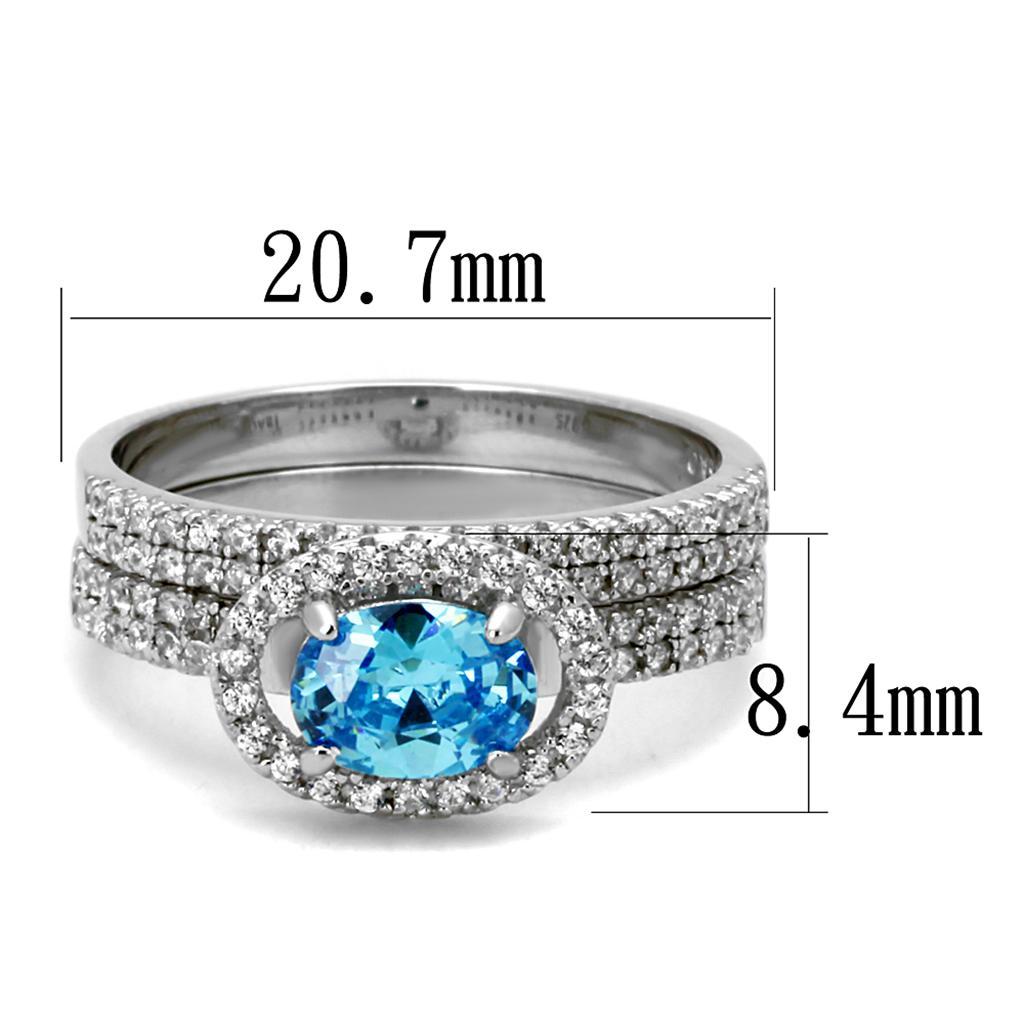 TS490 - Rhodium 925 Sterling Silver Ring with AAA Grade CZ  in Sea Blue - Joyeria Lady