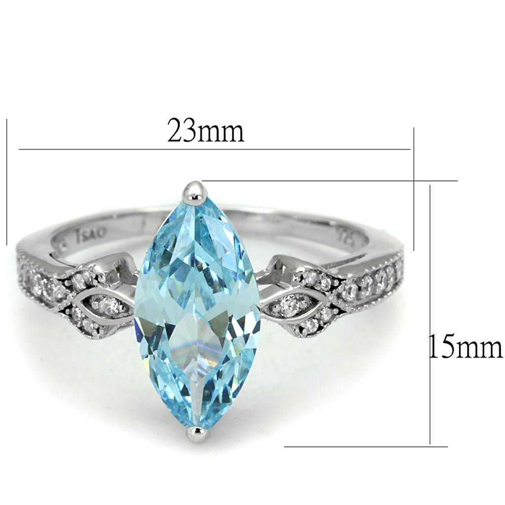 TS502 - Rhodium 925 Sterling Silver Ring with AAA Grade CZ  in Sea Blue - Joyeria Lady