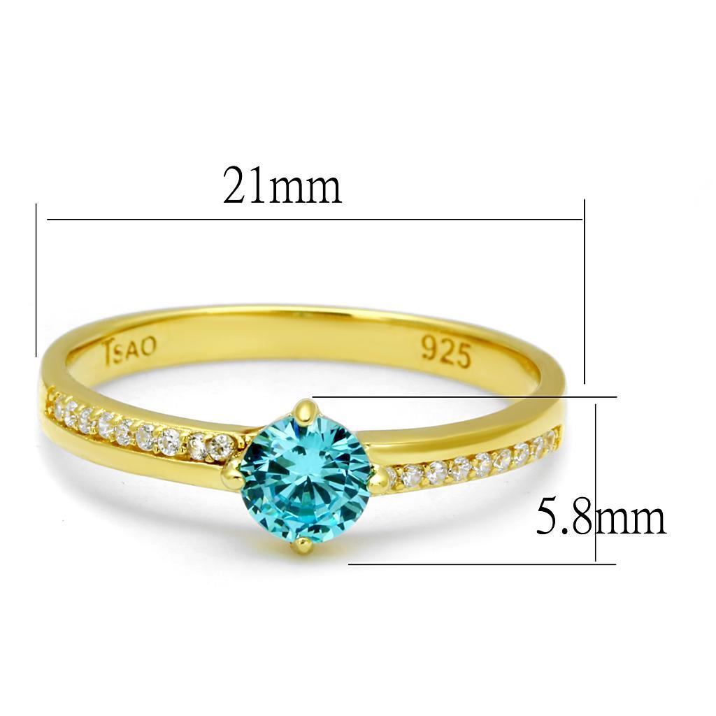 TS561 - Gold 925 Sterling Silver Ring with AAA Grade CZ  in Sea Blue - Joyeria Lady