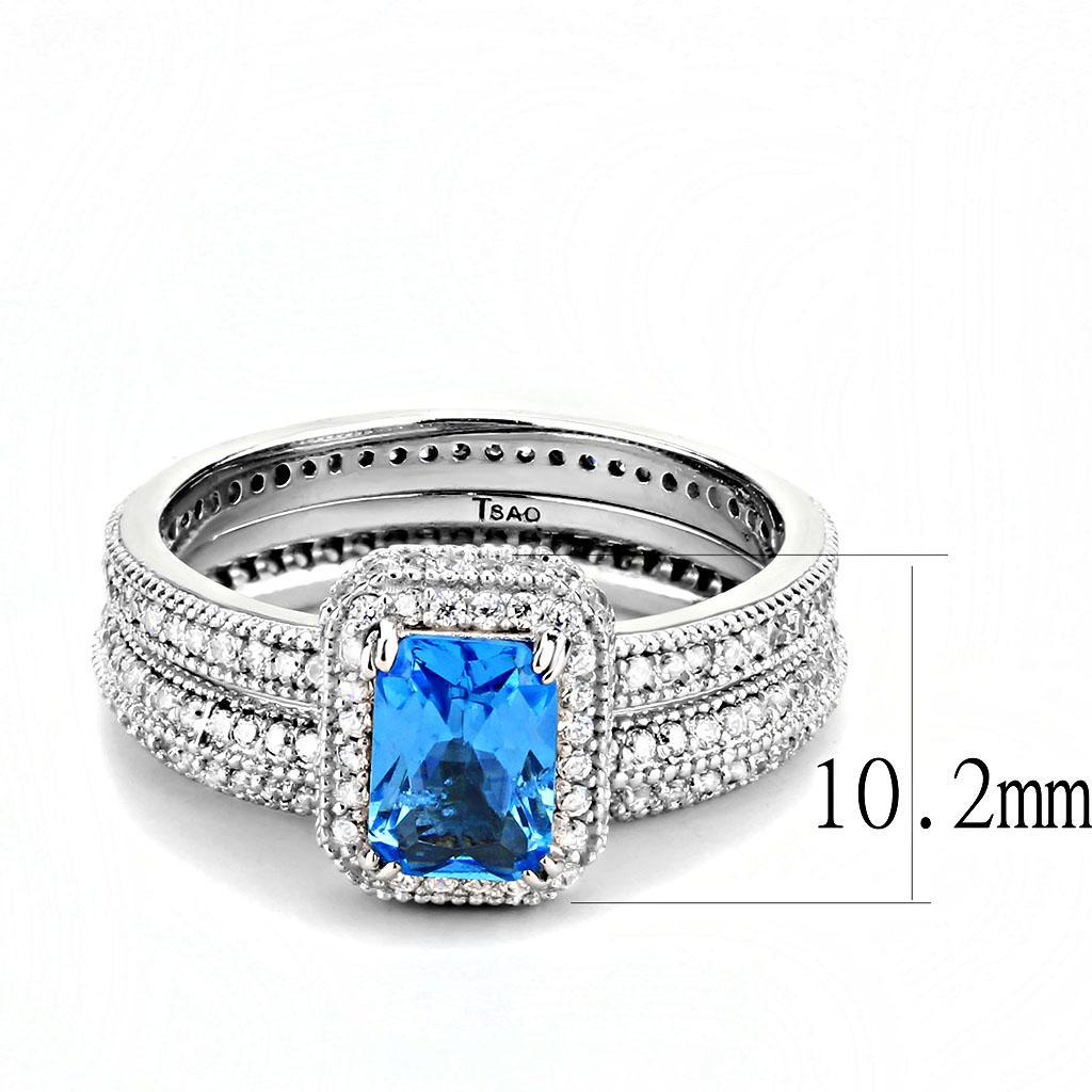 TS615 - Rhodium 925 Sterling Silver Ring with Synthetic Synthetic Glass in Sea Blue - Joyeria Lady