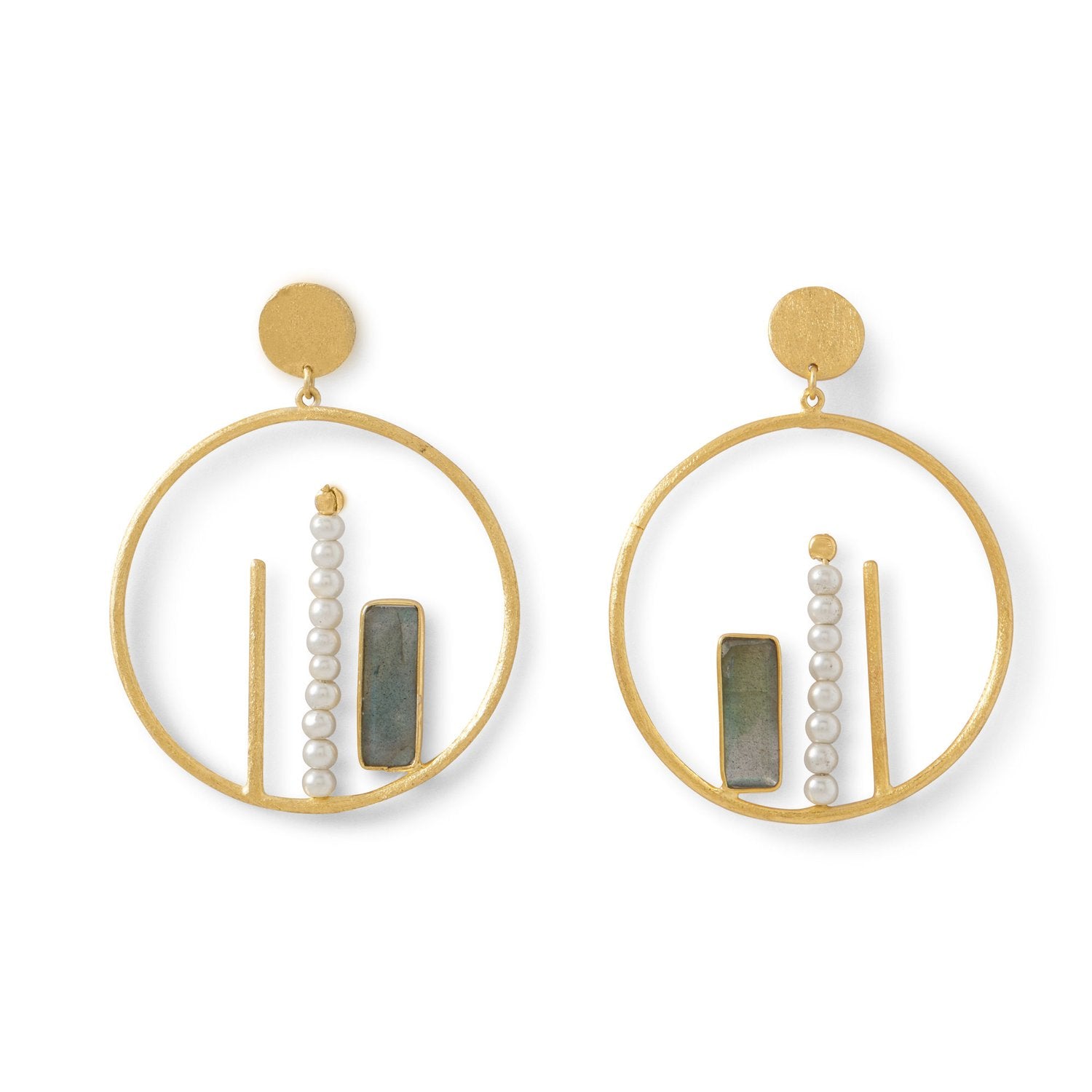 14 Karat Gold Plated Brass Labradorite and Cultured Freshwater Pearl Fashion Earrings - Joyeria Lady