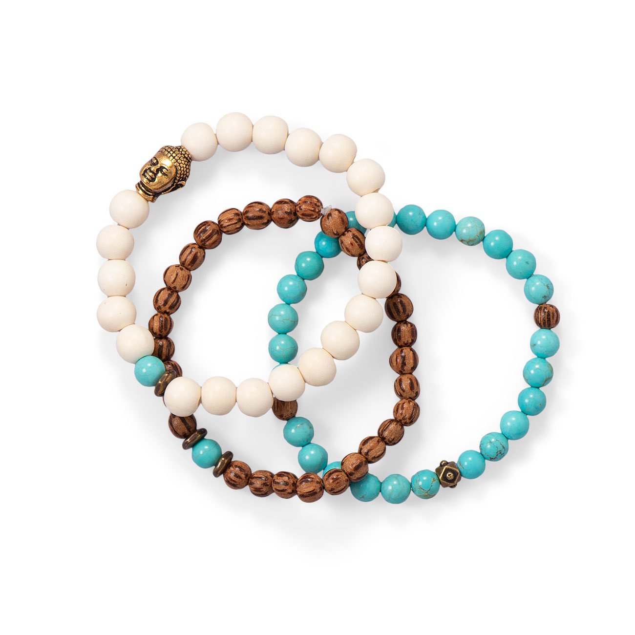 Wood and Magnesite Buddha Stretch Bracelet Set - Joyeria Lady