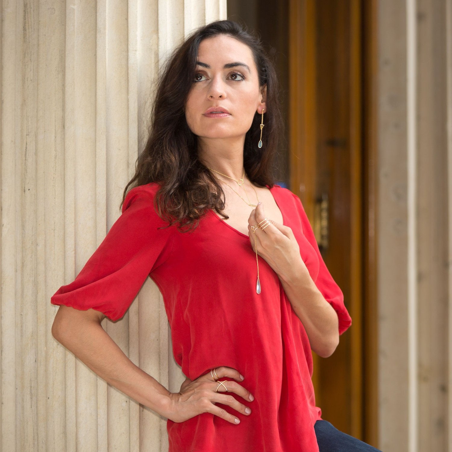 14 Karat Gold Plated Lariat Style Earrings with Chalcedony Drop - Joyeria Lady