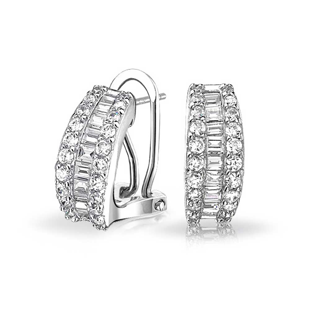 Wedding Bride CZ Hoop Stud Earring Omega Back Earrings Sterling Silver - Joyeria Lady