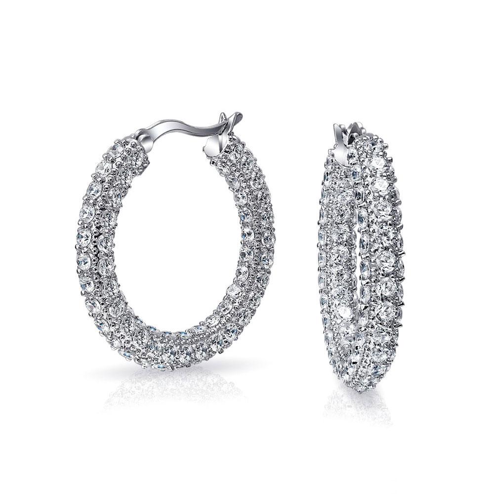 Bridal Pave CZ Encrusted Prom Statement Hoop Earring Silver Plated - Joyeria Lady