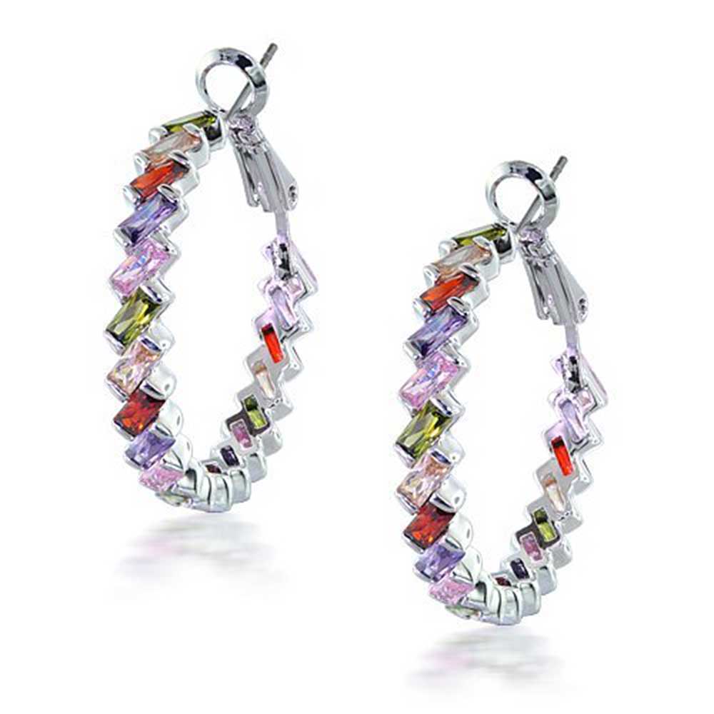 Statement Prom Pageant Bridal CZ Baguette Hoop Earrings Silver Plated - Joyeria Lady