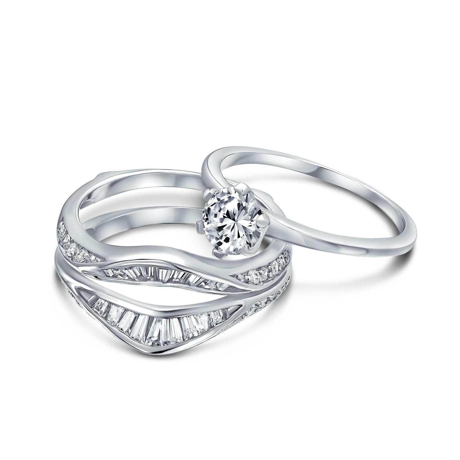 1.5CT Baguette Solitaire CZ Engagement Ring Set 925 Sterling Silver - Joyeria Lady