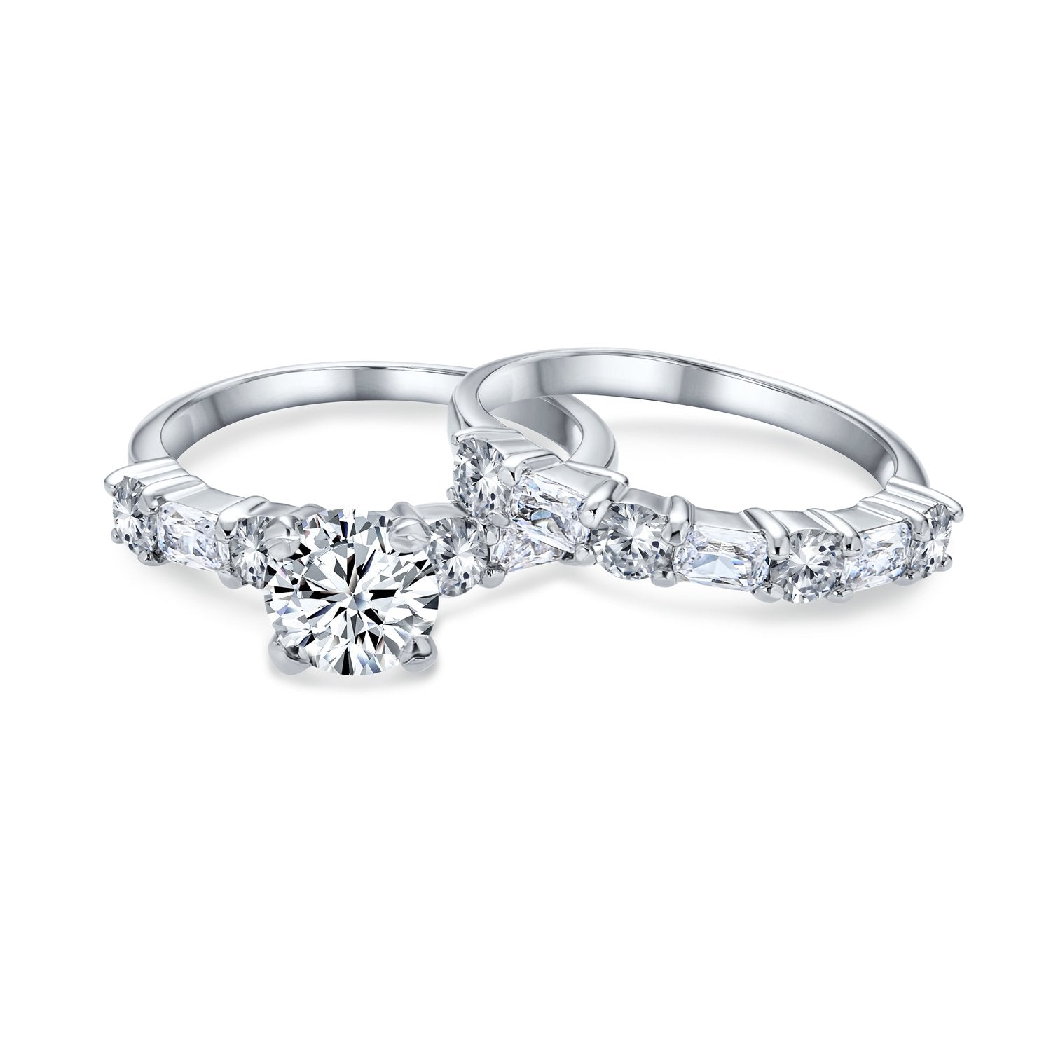 2CT Round Solitaire AAA CZ Wedding Baguette Band Engagement Ring Set - Joyeria Lady