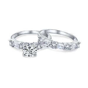 2CT Round Solitaire AAA CZ Wedding Baguette Band Engagement Ring Set