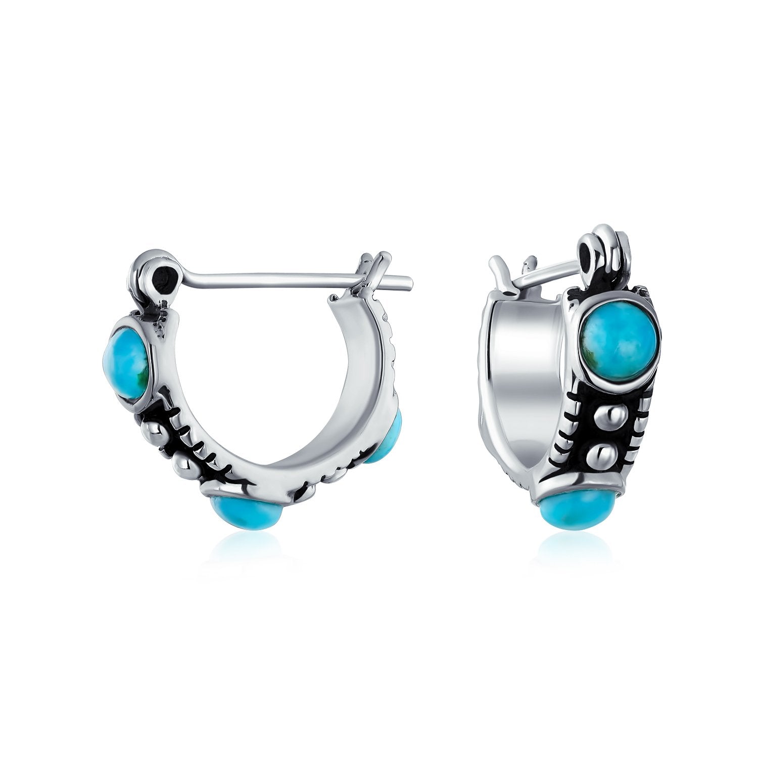 Turquoise Carnelian Onyx Bead Huggie Hoop Earrings Sterling Silver - Joyeria Lady