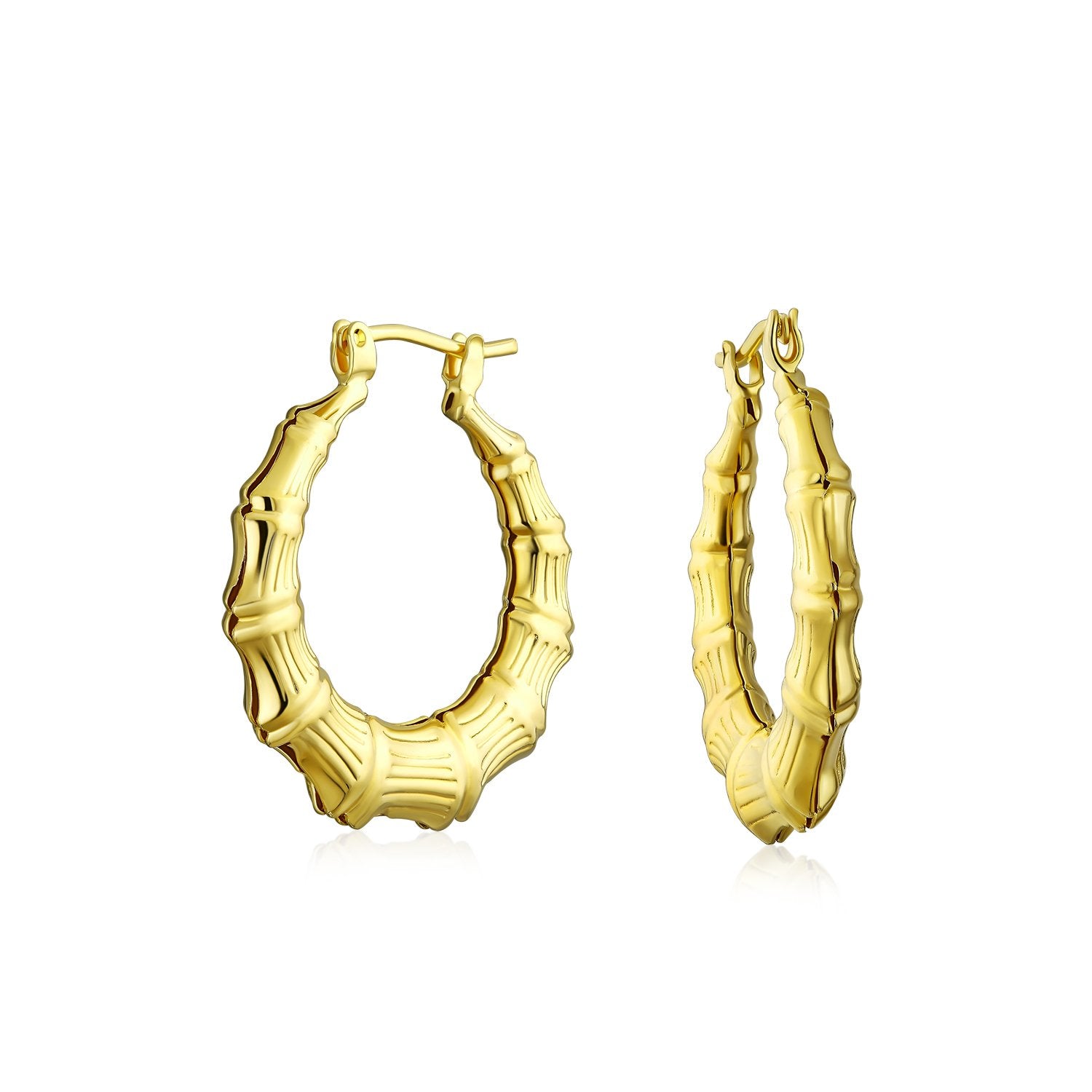 Light Weight Big Bamboo Hoop Earrings Gold Plated 3 Sizes - Joyeria Lady